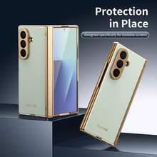 真皮一体式电镀材质仿皮全包覆保护手机壳，兼容三星 Galaxy Z Fold 7 6 5 4 Fold7 Fold6 Fold5 Fold4，附赠钢化玻璃屏幕保护膜，春季礼物 - 青色 - 查看 10