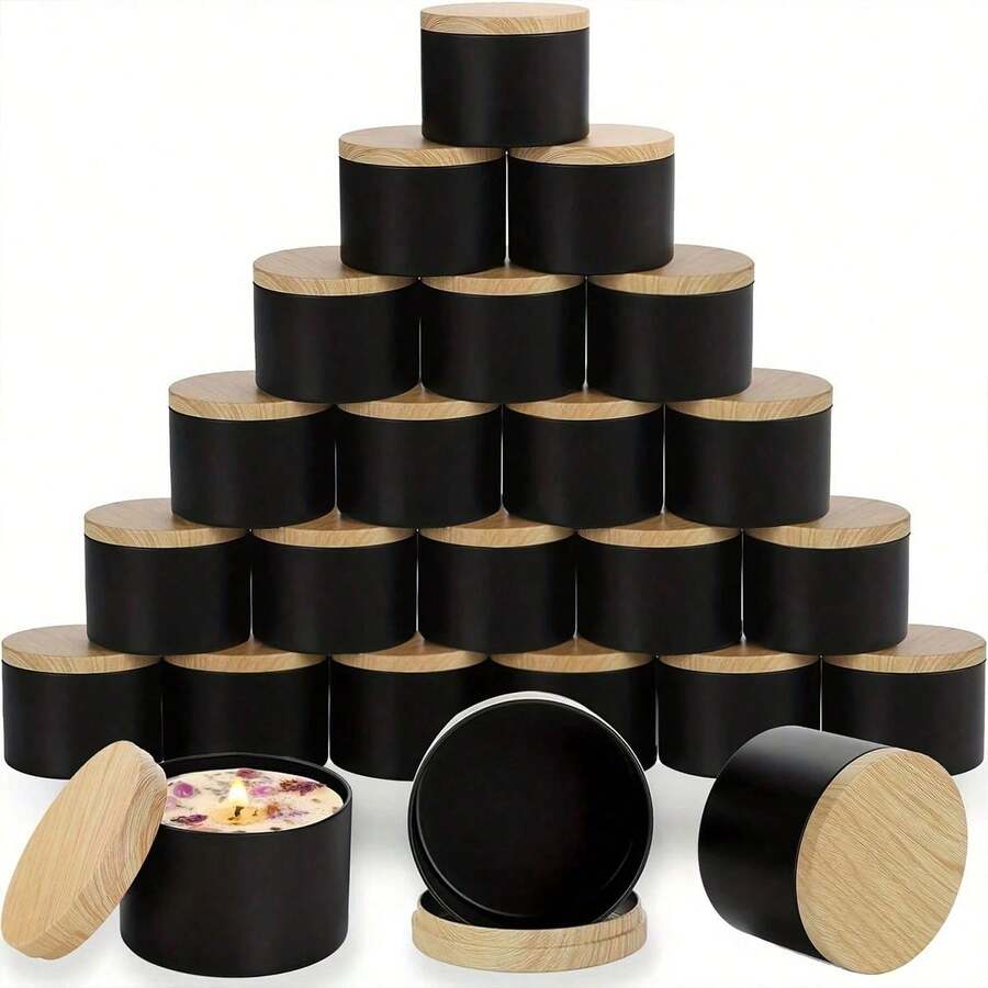 Black & White Metal Candle Jars With Wooden Lids, Available In Multiple Colors, Suitable For DIY Candle Making, Food Storage, And Gift Packaging - Multicolor - View 1