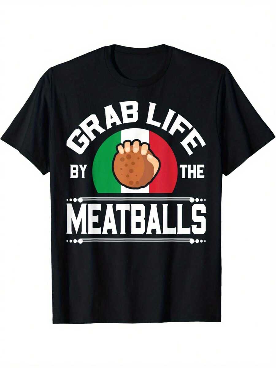 Camiseta gráfica de bandera italiana "Agarra la vida por las albóndigas" para hombres - Camiseta casual de ajuste relajado con estampado desgastado, negra, ropa humorística| Camiseta con estampado desgastado| Camisa de Corte Holgado - Negro - Ver 1