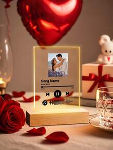 1pc Custom Music LED Night Light, Custom LED Music Plaque, Personalized Led Lamp With Picture And Wooden Base, Personalized Song Acrylic Plaque, Custom Picture Song Lamp, Music Photo Plaque Gift, Light Up Music Plaque, Valentines Gift, Couple Gift, First Wedding Anniversary Gift - Classic - Base B (Warm Light) - View 6