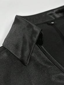 优雅V领修身迷你连衣裙，纯色翻领短袖修身连衣裙，优雅打结荷叶边下摆交叉度假连衣裙，黑色夏季 - 黑色 - 查看 3