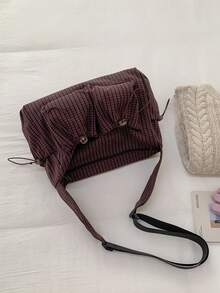 新款格子抽绳云朵褶皱单肩包/斜挎包，女士大容量，宽肩带，拉链封口，双口袋，抽绳设计 - 咖啡 - 查看 3