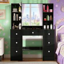 7 Drawers Vanity Makeup Desk With LED Lighted Mirror Dimmable Dressing Desk - Black - View 2