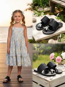 1 đôi dép xăng đan đế bằng màu đen cỡ lớn dành cho bé gái, quai đính đá lấp lánh nhiều màu sắc, chất liệu PU dệt, hở mũi, thiết kế hình bướm, kiểu dép La Mã dễ thương và sang trọng, phù hợp cho bé gái mặc hàng ngày, đi chơi, đi nghỉ mát, dự tiệc, mùa xuân/hè 2025. - màu đen - Xem 10