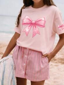 Girls & Teens Students Casual Pink Graphic Print Crew Neck Short Sleeve T-Shirt, Summer Top - Pink - View 7