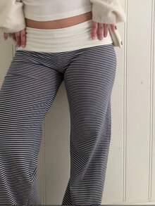 Fold Over Yoga Pants For Women Contrast Color Low Rise Straight Leg Sweatpants Y2k Stretchy Loose Gym Lounge Leggings Comfy Wide Leg Pajama Pants Flared Leggings - 黑色 - 查看 4