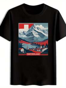 's Shirt With Swiss And Seed Design - Casual Round Neck. Short Sleeves. Summer Polyester Top For Travel, Dates, Beach, Holidays, Festivals, And As A Gift. Travel Clothing. Mountain Scenery Shirt. Lightweight Top. Beachwear. - Black - View 6