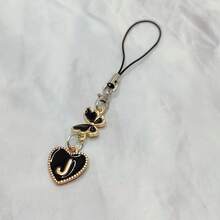 1pc Metal Heart & English Letter A-Z Pendant Phone Lanyard, Black Vintage Style A-Z Letter & Elegant Butterfly Phone Charm