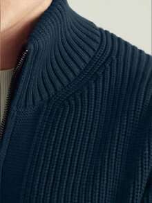 Thick Men's Solid Color Minimalist Casual Long Sleeve Cardigan Sweater - Navy Blue - View 5