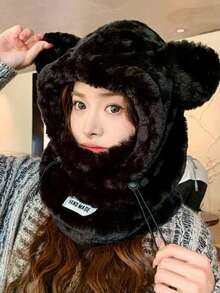 1pc Women's Winter Hat, Cute Plush Bear Ear Warmer Hat With Mask Scarf, Thick For Cold Weather - Multicolor - View 4