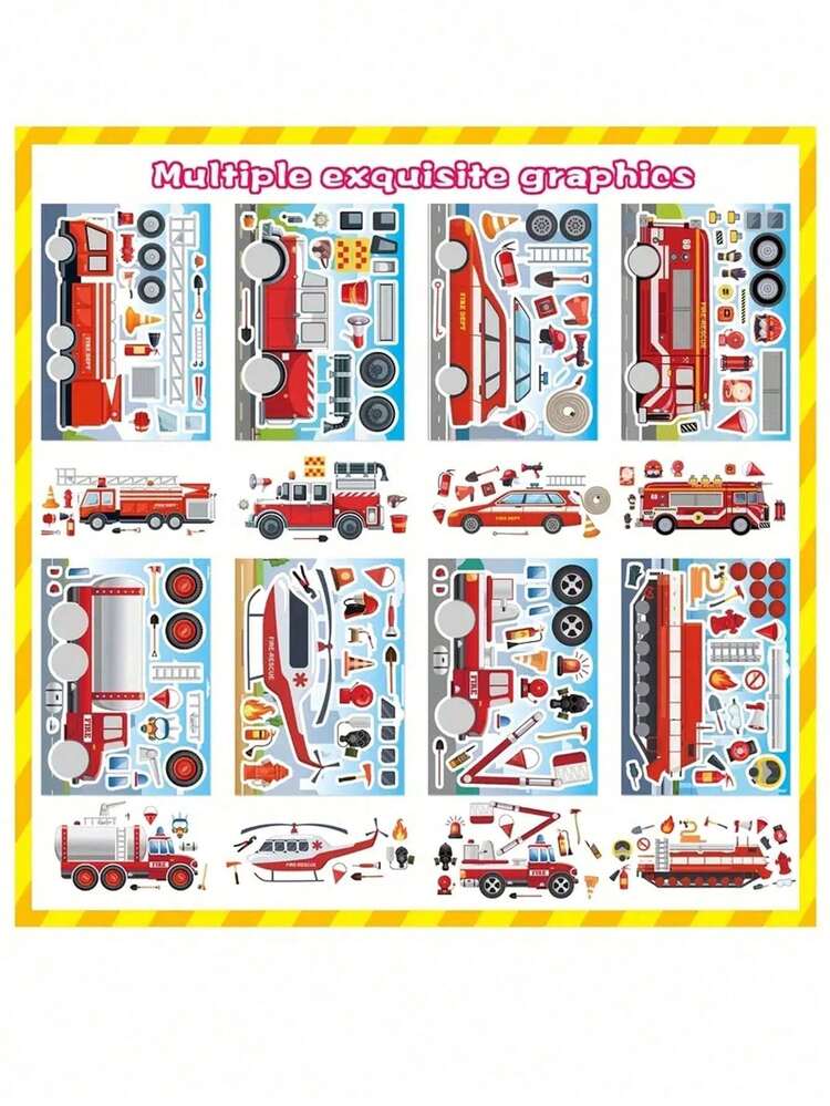 12张消防车贴纸，生日礼物，课堂派对小礼物，8种设计，送给消防车爱好者的礼物 - 彩色 - 查看 4