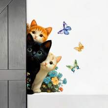 1 件趣味三猫墙贴 - 彩色花朵和蝴蝶图案，可移除自粘墙贴，易于清洁，适用于浴室、卧室、客厅的家居装饰 - 经典动物纹样设计，趣味十足，装饰性强 - 彩色 - 查看 5