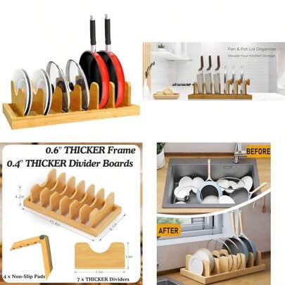 New Bamboo Pot Lid Organizer Pan Organizer Pot Lid Holder Kitchen Cabinet Organizer With 7 Adjustable Dividers For Pots Cutting Boards And Baking Sheets Dinner Plates Organizer
