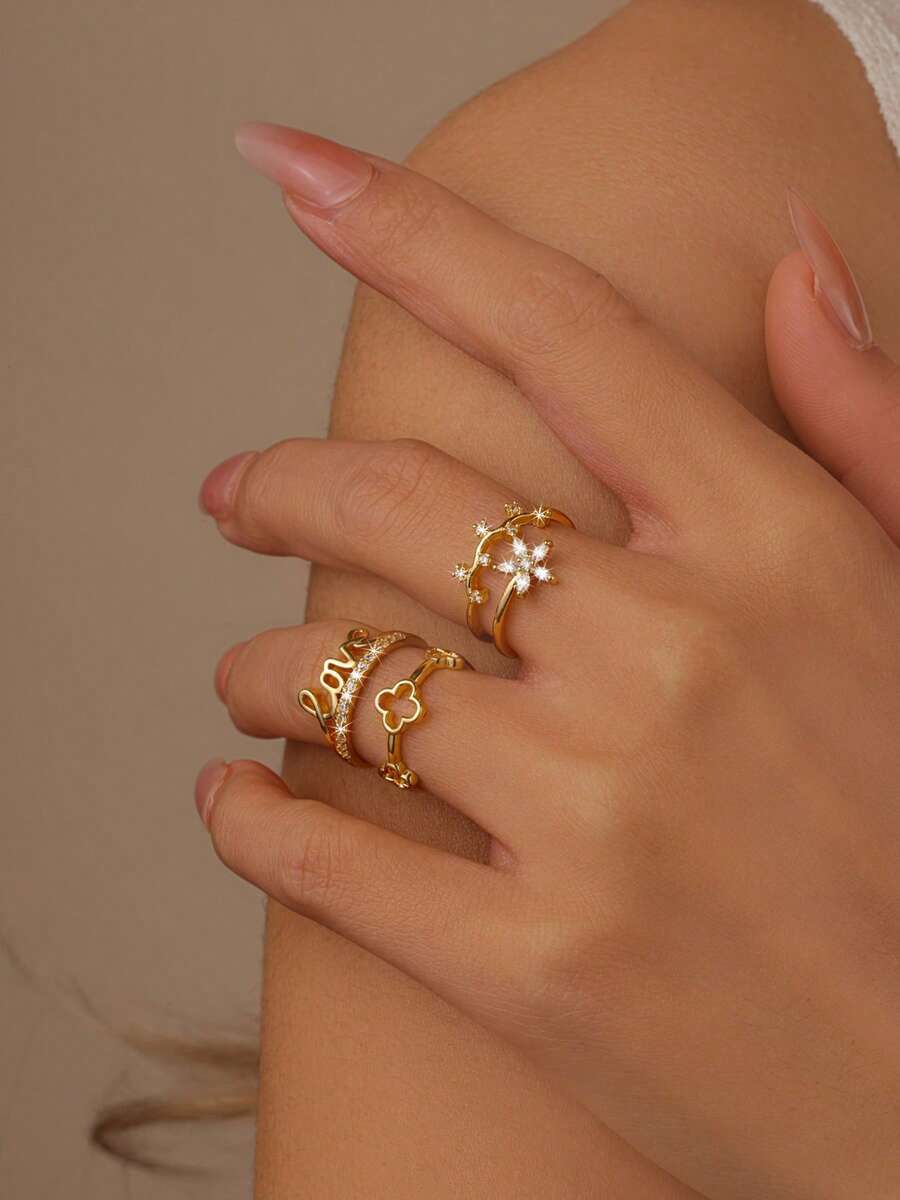 3件套简约时尚金色立方氧化锆蝴蝶结、爱心四叶草戒指套装，适合男女朋友日常佩戴，母亲节礼物 - 字母love - 查看 1