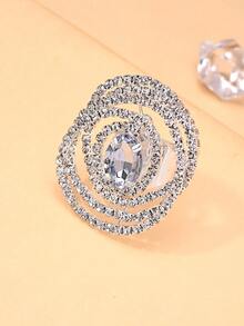 1pc Fashionable Flower Ring With Sparkling Rhinestones, Open-Ended Ring Jewelry - Silver - View 5