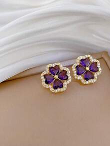 1 Set de Collar y Aretes de Flor de Cuatro Hojas Morada de Acero Inoxidable, Conjunto de Joyas de Moda, Collar y Aretes de Lujo Versátiles con Micro Incrustaciones Personalizadas, Accesorios de Regalo - Dorado - Ver 4