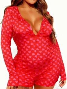 Womens Valentine's Day .Y Romper Y2k Heart V-Neck Shorts Jumpsuit One Piece Bodysuit Pjs Galentine  Pajama - 紅色 - 查看 2