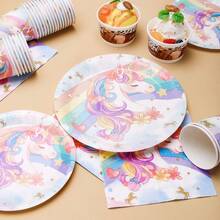 彩虹独角兽生日快乐一次性餐盘、餐巾纸、杯子、桌布和横幅套装，16人份派对用品套装，适合生日、婚礼、主题派对、家庭野餐等场合。 - 彩色 - 查看 5