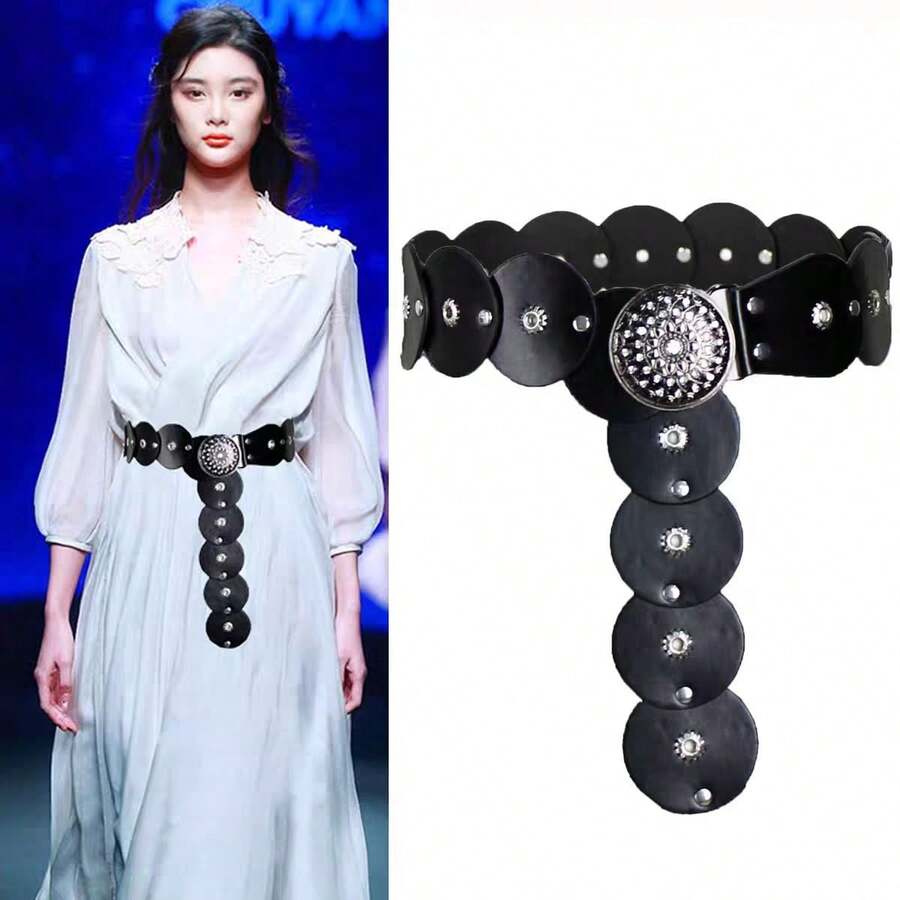 1件拼接腰带，复古风束腰带，适合日常休闲穿着 - 黑色 - 查看 1