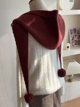 1 pieza Bufanda con capucha de punto suave y minimalista de unicolor con pompón, adecuada para uso diario, ocasiones festivas, exteriores y combinación de estilo callejero