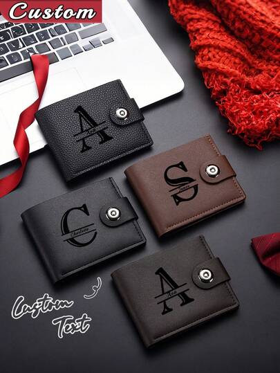 Men's Solid Color Letter Print Short Wallet, Made Of PU Leather, Minimalist Bifold Multi-Card Design, Customizable, Ideal Gift For Brother, Father, Boyfriend, Anniversary, Father's Day, Christmas, Valentine's Day