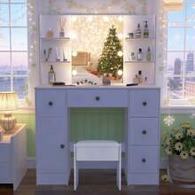 Dressing Table Vanity Set Makeup 10 LEDs Mirror Jewellery Organizer - White - View 6