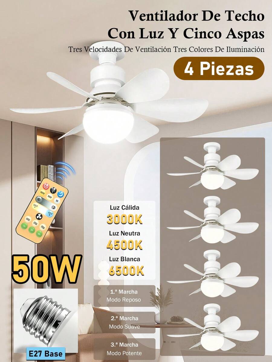 4 pieza de ventilador con luz Ahorro de energía Iluminación adecuada para sala de estar Sala de estudio Garaje E27 base 50W 5000LM Luz de ventilador Luz ajustable con mando a distancia