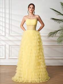Layered Tulle Dress, High Waist Sexy Sheer Spaghetti Strap Cocktail Gown, Elegant Puff Cake Skirt Dress For Birthday Party, Wedding Guest, Cocktail Party - Yellow - View 4