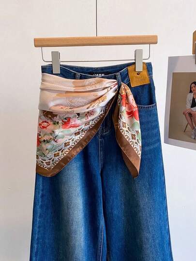 1 pieza Pañuelo cuadrado de 70 cm con estampado floral elegante, versátil como pañuelo, diadema, cinturón de cintura, accesorio de moda para mujer