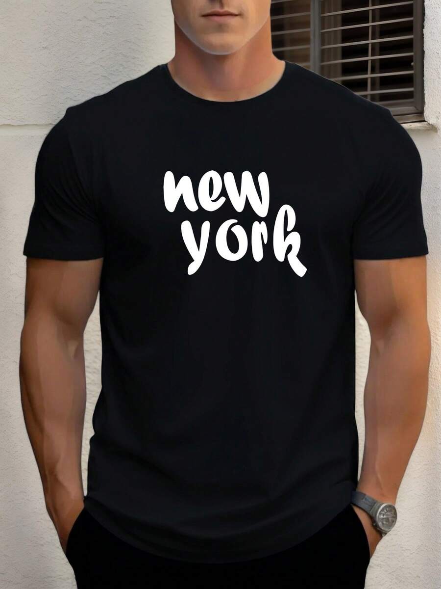 Camiseta gráfica para hombres; Nueva York; Camiseta casual de verano negra con letras blancas. Manga corta. Cuello redondo. Ligero; Transpirable para atuendos casuales. Camiseta de uso diario, camiseta gráfica llamativa, ajuste cómodo - Negro - Ver 1