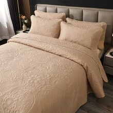 3 PiecesPolyester Peris Embossed Bedspread Set, [2 Pillow Shams, No Pillow Inserts], Stain-Resistant, Suitable For Living Room, Bedroom, Hotel - Camel - View 4