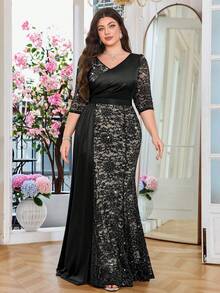 优雅V领花卉蕾丝撞色缎面垂褶侧边正式派对长裙，情人节礼服，舞会晚宴婚礼宾客礼服，毕业典礼、晚宴等场合皆宜。 - 黑色 - 查看 6