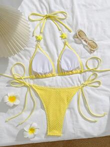New Sweet Textured Fabric Bikini Set, 2pcs Halter Neck Swimwear For Beach Vacation, Spring/Summer - Yellow - View 2