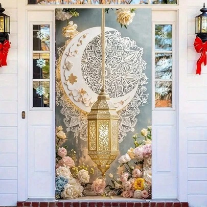 2D Door Banner, Elegant Crescent And Floral Polyester Door Banner - Perfect For Eid, Ramadan, And Seasonal Celebrations, Indoor/Outdoor Party Backdrop Featuring Gold Lanterns And Floral Designs, 89.92x180.09 Cm, Ramadan Decorations