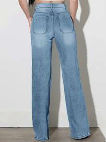Women's Mid-Waisted Wide Leg Jeans, Vintage Washed Loose Denim Pants With Side Studs, Casual/Workwear - 藍色-08322 - 查看 6