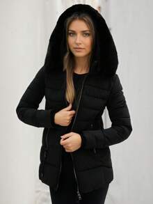 绗缝休闲拉链仿毛皮拼接口袋女士棉质外套，适合度假、晚宴约会、旅行、秋冬季日常穿着。 - 黑色1 - 查看 2