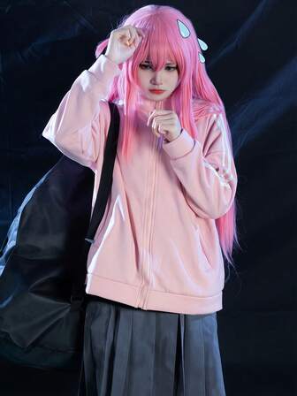 一件日系动漫角色扮演服装，粉色上衣+裙子，摇滚风格，适合拍照、漫展等场合。