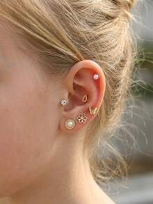 8对甜美百搭时尚花朵蝴蝶水滴形仿珍珠和水钻装饰金属色耳钉套装，适合女孩儿童派对、假期、圣诞节、新年、生日礼物及日常佩戴 - 金色 - 查看 1