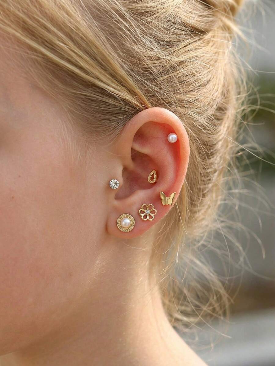 8对甜美百搭时尚花朵蝴蝶水滴形仿珍珠和水钻装饰金属色耳钉套装，适合女孩儿童派对、假期、圣诞节、新年、生日礼物及日常佩戴 - 金色 - 查看 1