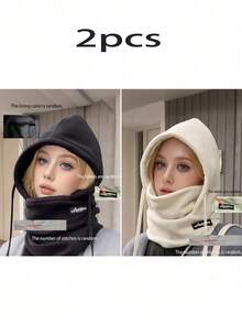 1 件男女通用帽子，带耳罩 - 纯色，颈部和面部保护，高克重羊毛衬里套头帽，适合户外骑行，休闲风格，抽绳闭合，秋冬假日主题保暖头饰