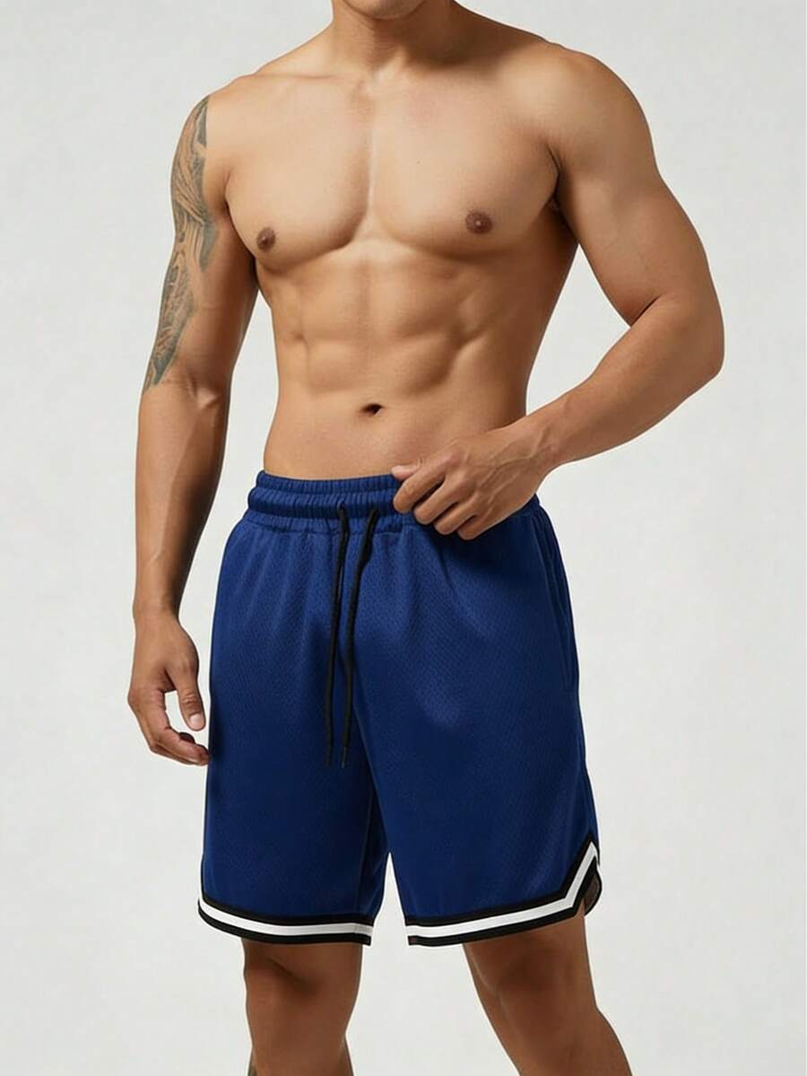 Men's Mesh Fitness Shorts With Elastic Waistband And Adjustable Drawstring - 藏蓝色 - 查看 1