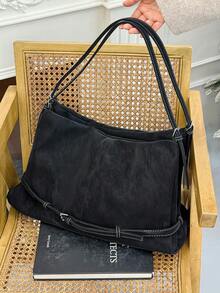 Large Size Shoulder Tote Bags For Women PU Suede Solid Color Big Capacity Shopping Hobo Bag Handbags Luxury Tote Handbag Cross Body Tote Bag For Work, Shopping, Dating, Travel, College Students, Women's Bag, Daily Use - 黑色 - 查看 3