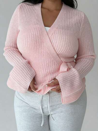 Plus Size Casual Versatile Tie-Up Wrap Knit Cardigan