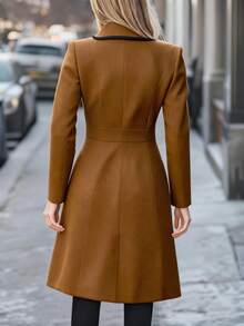 黑色滚边缺角翻领单排扣长款系带优雅冬季外套 - 棕色 - 查看 4