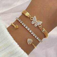 Bộ 3 vòng tay hình trái tim đính pha lê nhựa thời trang dành cho nữ, thích hợp để đeo hàng ngày. - Vàng - Xem 1