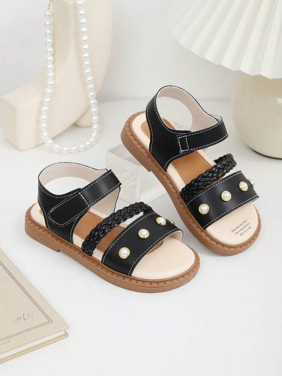 1 Pair Black Soft Leather Toddler/Little Girls' Flat Sandals With Pearl Woven Strap, Hook And Loop Design, Round Toe, Non-Slip Soft Sole, Casual Style, Suitable For 3-15 Years Old Girls, Spring/Summer - Black - View 1