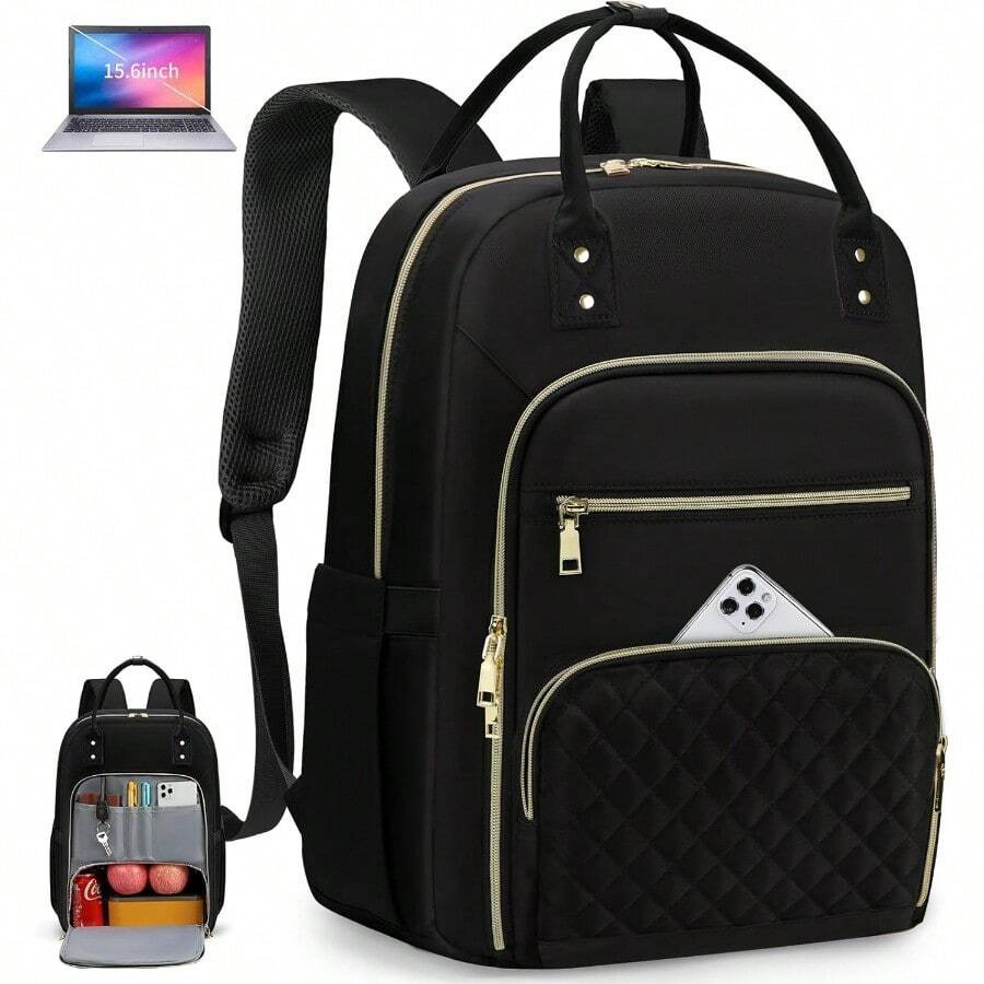 Lunch Backpack 15.6 Inch Laptop Backpack For Women Water Resistant Work Backpack With USB Charging Port Travel Business Backpack With Lunch Compartment - Black - View 1