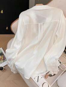 Elegant White Semi-Sheer Blouse, V-Neck Long Sleeve, Decorated With Delicate Contrast Lace Trim Spring - White - View 2