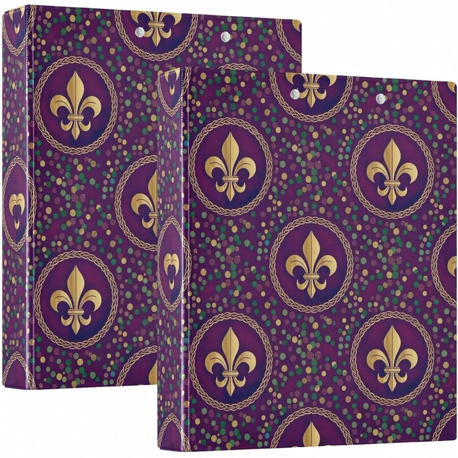 Carpeta de 3 anillos impresa de 1.5 pulgadas, carpeta de anillos en D con bolsillos, carpetas decorativas para la escuela universitaria u oficina, oro flor de lis, morado - talla únicax1 - Ver 1