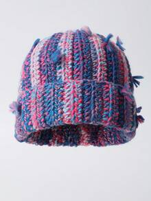 1pc Handmade Knitted Dopamine Color Block Tassel Beanie Hat, Ear Warmer, Fashion Unisex Autumn/Winter - 針織帽 - 查看 11